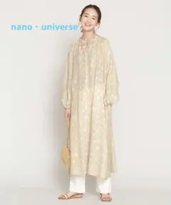 nano・universe ぼかしプリントギャザーワンピース ベージユ