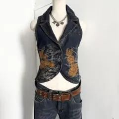 a.co.co 両面刺繍 デニムベスト 花刺繍 y2k 平成ギャル グランジ
