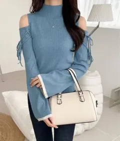 mily bilet 肩リボンハイネック裾配色袖フレアリブニット