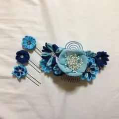つまみ細工　髪飾り　4点セット［青］