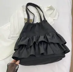 トートバッグ　黒　フリル　リボン　ショルダー　肩掛け　かばん　巾着　サブバック