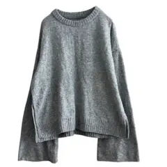 袖ボリュームニット　セーター　ウールブレンド　長袖　グレー　Lサイズ