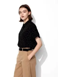 UNIQLO/ユニクロ、ドット柄レーヨン半袖シャツ、黒地×白