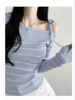 dhoric shein 水色 ストライプ オフショルダー ニット【値下げ可】