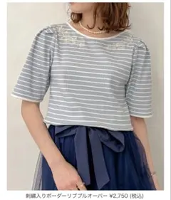 未使用アクシーズファムaxces femme 刺繍入りボーダーリブ 水色　半袖のサムネイル