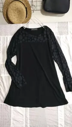 【袖透け感】ドット柄 長袖チュニック ブラック