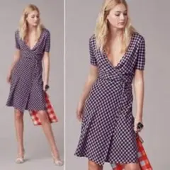 【美品】DVF シルク100% ワンピース　ギンガムチェック　パープル