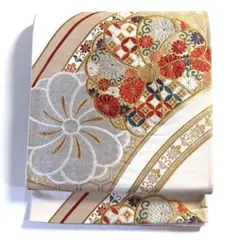 5k3077 袋帯　絹　唐織　鳳凰　金色　ベージュ　赤　銀色　白　花柄　和装