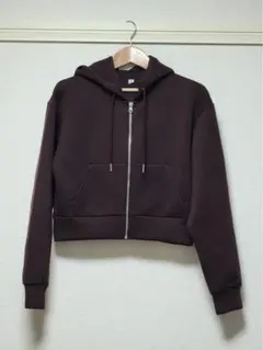 【GU】パフスウェットフルジップパーカー／S／ダークブラウン