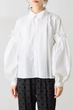 フリルリボンスリーブブロードシャツ フリルリボンブラウス 白 Frene