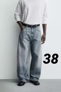 ZARA バルーンフィットプリーツデニムパンツ 38 新品 ブルー ユーズド 