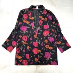 USA製 花柄 テーラードジャケット 黒 レトロ 古着 M