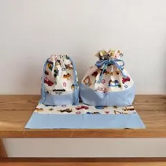 ハンドメイド☆ランチ3点セットお気に入りはたらく車たち　モーニングスターブルー