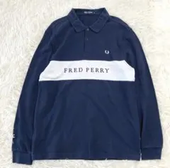 フレッドペリー　長袖ポロシャツ　ネイビー　刺繍　大きめロゴ　カノコ　M