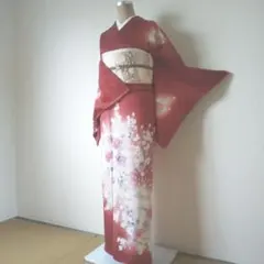 正絹・訪問着・赤系・花柄・袷