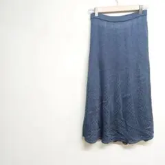 ダークブルー フレアスカート ひざ丈 ウエストゴム 裏地　日本製F ☆2809