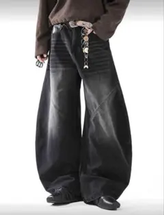 ブラック ワイドレッグ デニムパンツ