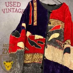 US古着【民族 ヒッピー パッチワーク ベロア ゴブラン ジャケット】刺繍