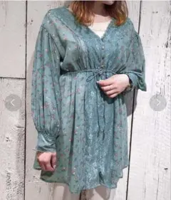 ナイスクラップ　花柄　長袖　チュニック　ワンピース　ブルーグリーン　フリーサイズ