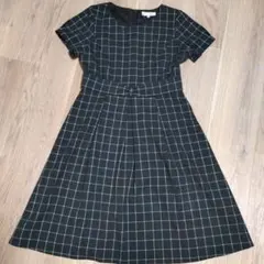 グレー×白 チェック 半袖ワンピース ウエストリボン付き きれいめ