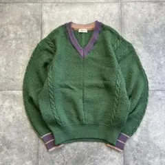 昭和レトロ ケーブル編み Vネック ニット セーター M グリーン 古着のサムネイル