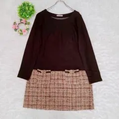 【ローズティアラ】 膝丈ワンピース ツイード 切り替えワンピ LL ブラウン系