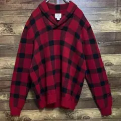 7348 古着　ニットセーター　総柄　柄ニット　チェック　襟付き　ウール混　L