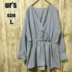 【ユアーズ】美品 清楚 上品 ストライプブラウス 青白 L 映え 体型カバー 春