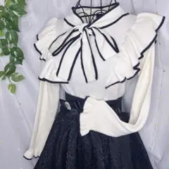 evelyn バイカラー リボン フリル ニット 白 616