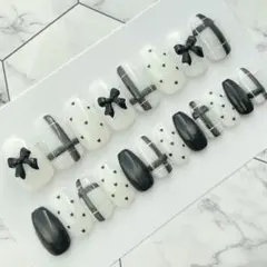 2503.（全サイズ現品販売）マグネットチェック♡リボンネイルチップ