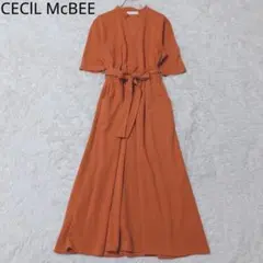 セシルマクビー　ワンピース　ロング丈　Vネック　リボン　ポケット付き　オレンジ系