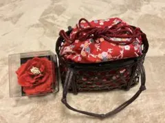 【和装小物】赤い花柄かごバッグと髪飾り セット