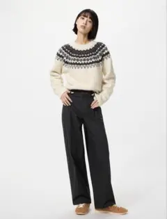 ユニクロ　UNIQLO タックワイドパンツ　コットン　BLACK 黒　Lのサムネイル