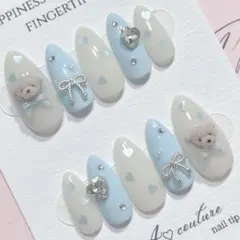 現品ネイルチップ୨୧くまちゃん×リボン୨୧量産型ワンホン韓国♡スナ系ハート