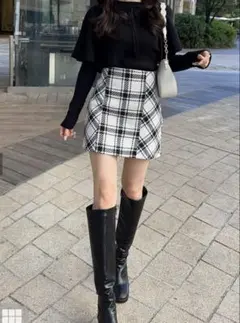 バックリボンツイードチェックミニスカート