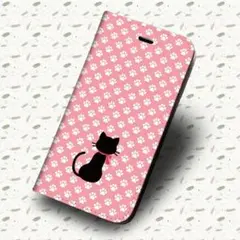 iPhone14 手帳型 ケース ★ 黒ネコと足跡 ピンクD ★猫 82