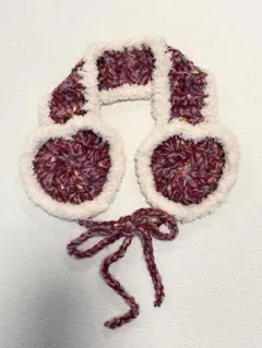 ハートイヤーマフ ハンドメイド 編み物 フワフワ レッドカラフル×ホワイト