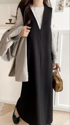 上品リラクシーstyle。ポケット付 Vネック ワンピース(ロング丈)