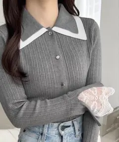 【mily bilet】ダブル襟袖レースニットプルオーバー Mサイズ　グレー