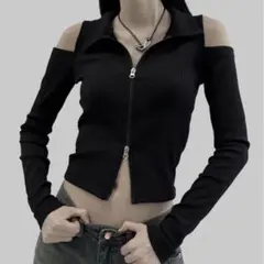 ダブルジップ トップス ブラック 肩出し y2k