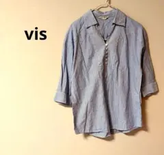 vis 白／水色 ストライプ 五分袖 シンプルスタイルシャツ オフィス