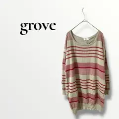 grove グローブ　赤とアイボリー　ストライプ 長袖カットソー　 Mサイズ