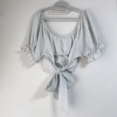 パフスリーブ クロップドブラウス フロントリボン XLサイズ グレー