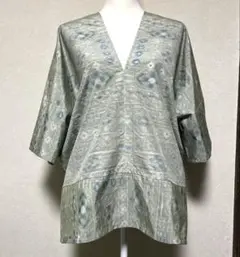着物リメイク 紬 グリーンVネック トップス チュニック