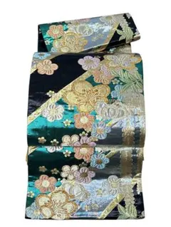 A15 美品　袋帯振袖用仕立て上がり　正絹◇緑×黒地　金　花柄　箔　リバシール