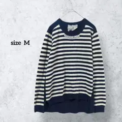 ボーダーニット ネイビー ビジュー付 レース切替 カシミヤ混 H0516