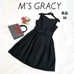 ウエストリボン✨エムズグレイシー ノースリーブリボンワンピース ブラック36