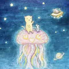 自作絵画 クッションの世界 猫とネズミと小鳥の絵 - メルカリ