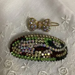 ビジュー装飾バレッタとリボン型クリスタルクリップセット