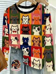 大きいサイズ★猫柄プリント 長袖トップス レディース 5XL～